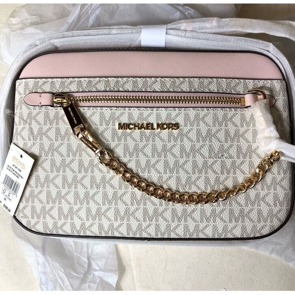 Michael Kors Jet Set Chain Crossbody Bag Powder Blush Pink Logo Zip